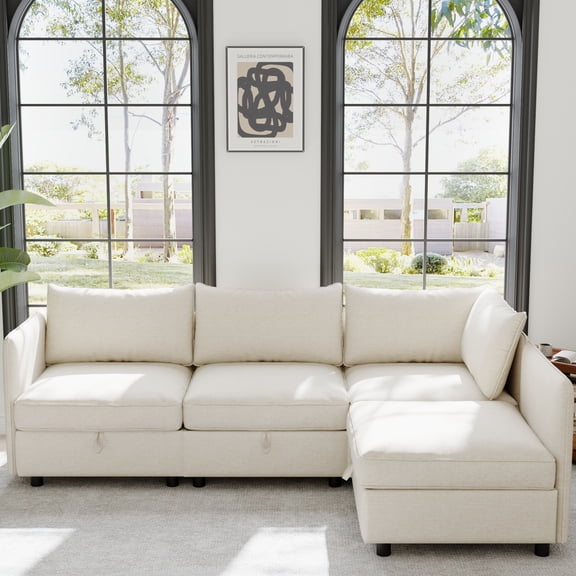 Versatile Beige Chenille Modular Sectional Sofa, 4-Seater Sleeper with Hidden Storage, Flexible Living Room Furniture (98.5"W x 63"D)