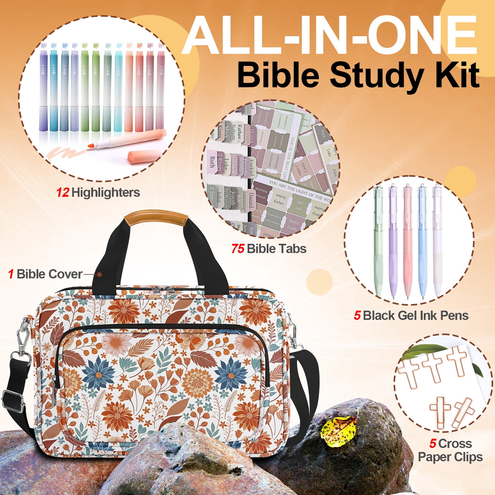 Bible Cover Case for Women,Bible Carrier,Floral Print Bible Bags for Women Organizer,Bible Holder Case with Shoulder Strap,Handle,Bible Study Supplies Kit with Highlighters,Tabs,Pens,Christian Gift