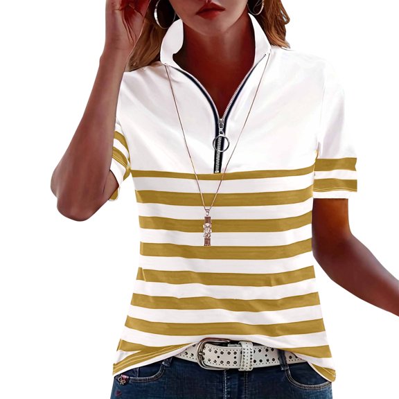 Kezqiaxn Womens Plus Size Tops Striped Short Sleeve Collared Work Shirts with Zipper Business Dressy Work Blouses