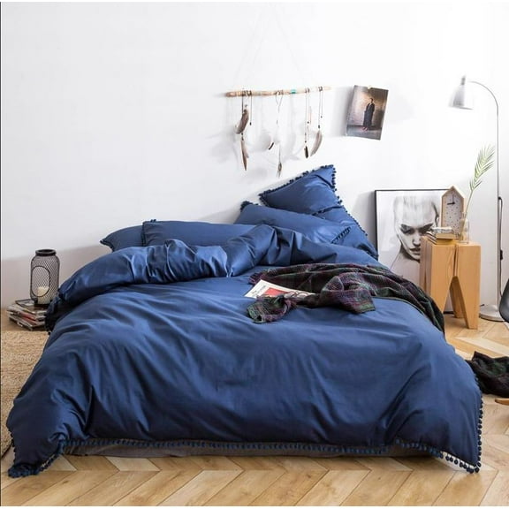 Pavish Export Pom Pom Cotton Duvet Cover In Dark Blue Softened Cotton Comforter cover Quilt cover Coconut buttons Cotton Bedding Duvet Cover Set Twin