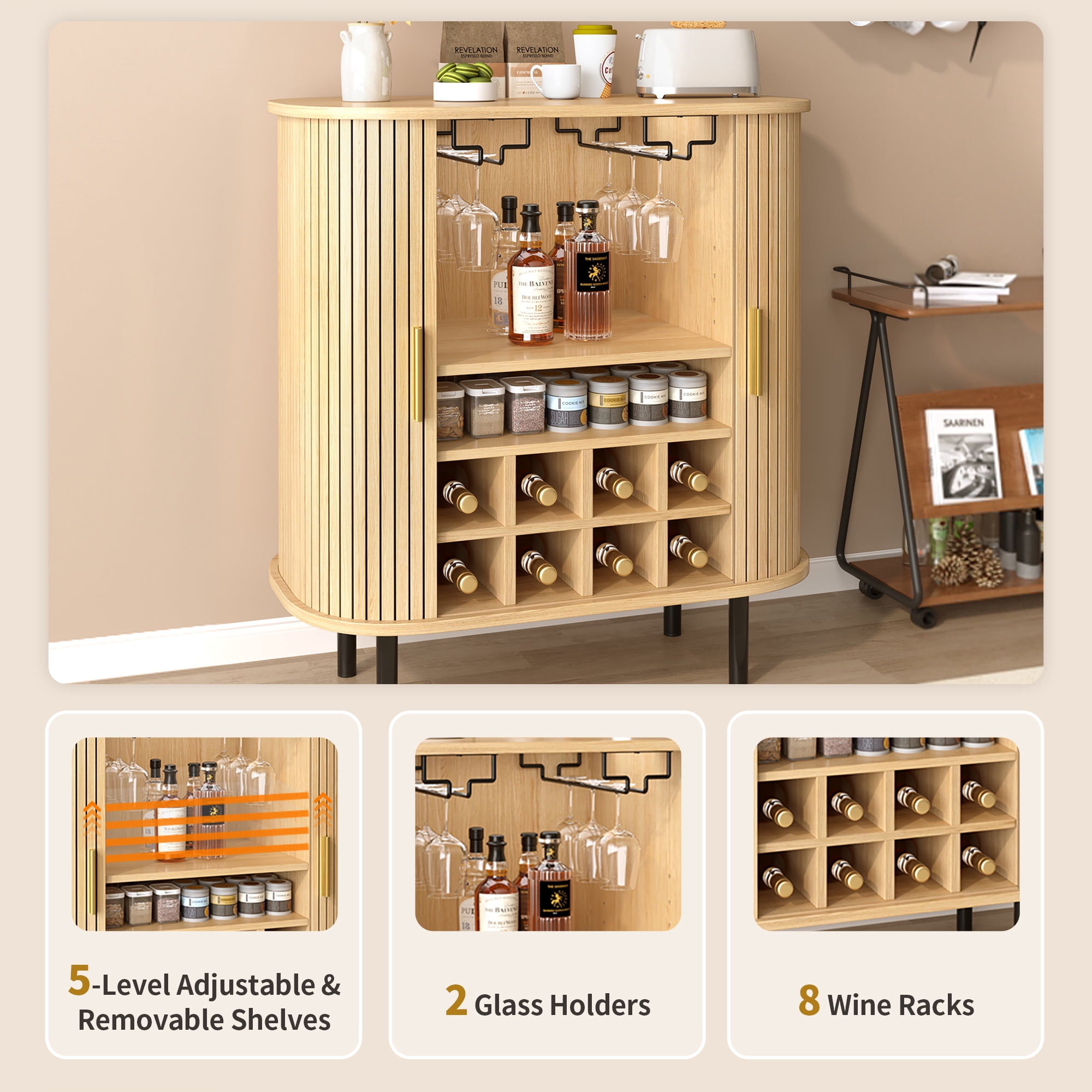 Euroco 28" Wine Bar Cabinet, Standing Liquor Cabinet with 8 Wine Racks,2 Glass Holders,Sliding Doors & Side Hidden Storage Space,Coffee Bar Cabinet with Adjustable Shelves for Kitchen Dining Room
