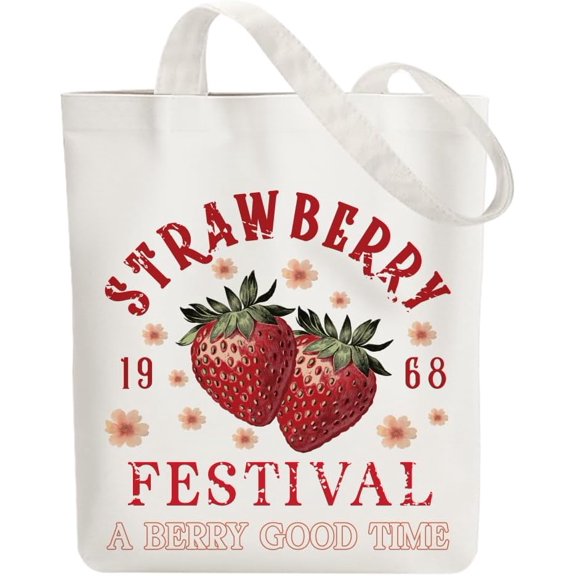 1pc Canvas Women's Tote Bags with Handle Shoulder Bags for Shopping Rectangle Strawberry 38x40cm