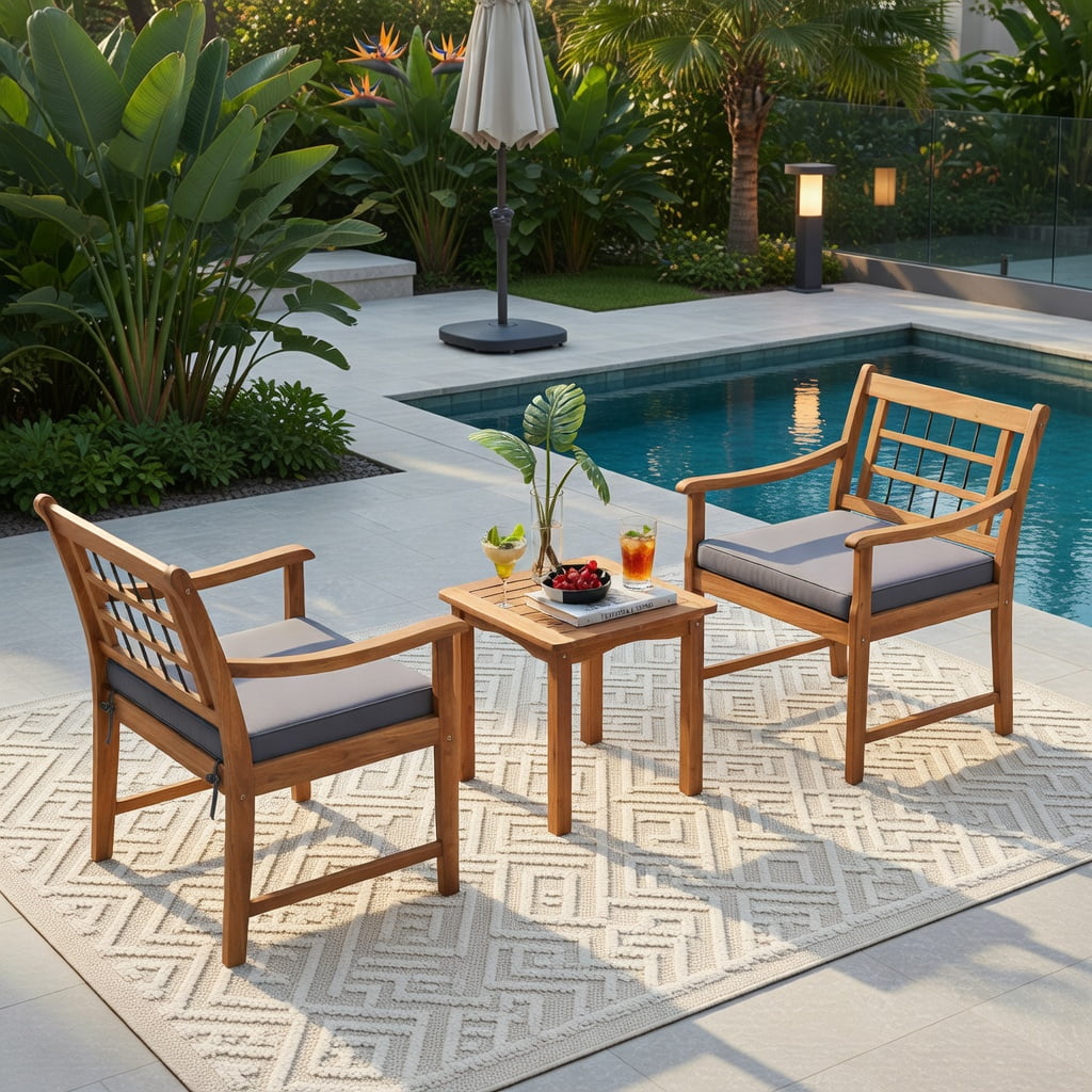 Hommoo 3-Piece Acacia Wood Patio Furniture Set, Cushioned Outdoor Chairs + Matching Coffee Table for Backyard, Poolside & Balcony, Gray