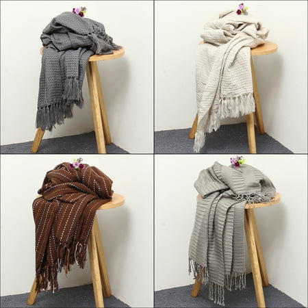 Waffle Knit Blanket Moaere Throw Blanket Textured Solid Soft Sofa Couch Decorative Knitted Blanket Fringe Waffle Pattern 51