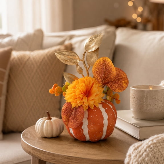 Artificial Orange Pumpkin Decoration, Fall Pumpkin Centerpiece with Maple Leaves and Berry Accents, Thanksgiving Home Decor for Table, Mantel and Seasonal Display, bldnkj