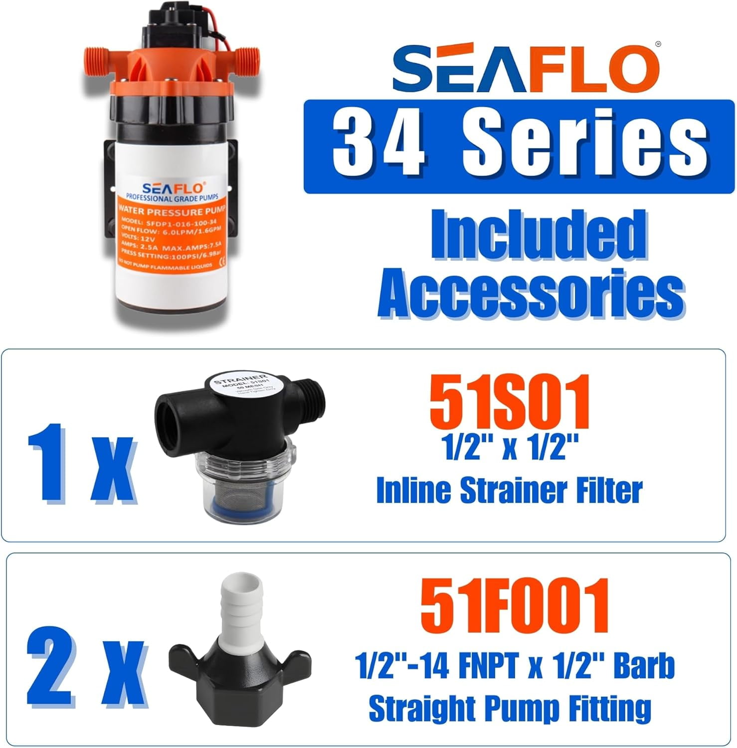 SEAFLO 12V 1.6 GPM 100 PSI 34 Series Water Pressure Diaphragm Pump | Continuous Duty, Built-In Pressure Switch, Self-Priming, and 4-Year Warranty