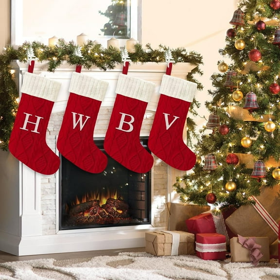 1Pack 21 Inches Knitted Christmas Stockings with Initials, Large Red Custom Monogram Christmas Stockings with Letter, Personalized Xmas Decoration for Holiday Family Party