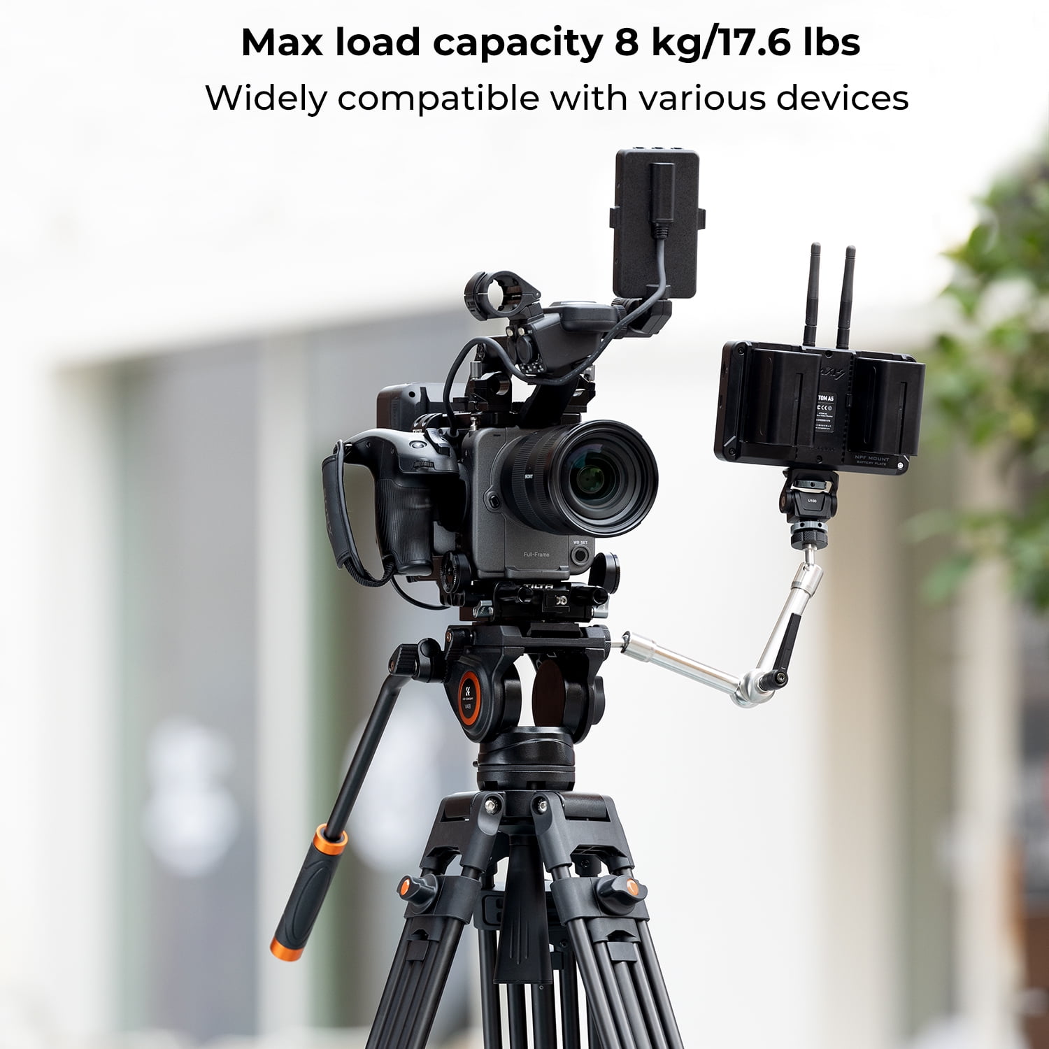K&F Concept 72"/1.8m Aluminum Video Tripod with Transverse Center Column, 17.6lbs/8KG Camera Tripod with Fluid Head for DSLR Camcorders