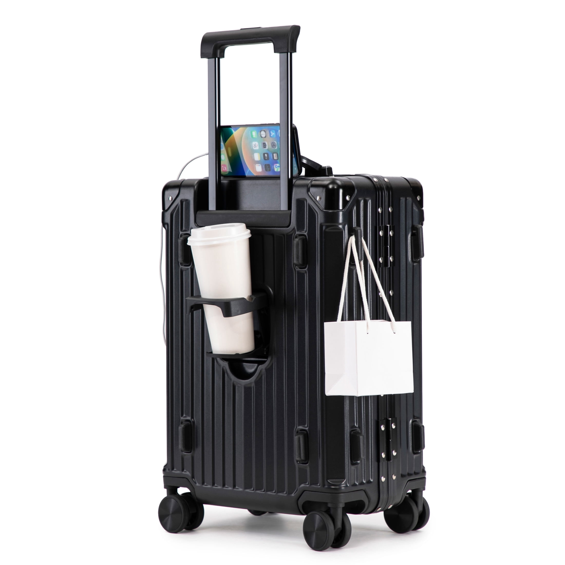 GDF Studio 20" Aluminum Frame ABS Carry-On Luggage with Charging Port & Cup Holder, Spinner Wheels Travel Trolley, Black