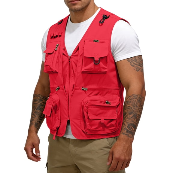 GrmtClth Men's Utility Fishing Vest Hunting Multiple Pockets Sleeveless Jacket Casual Breathable Outdoor Waistcoats Lightweight Clothing Red S