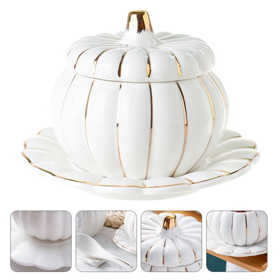 ULTNICE 1set Creative Pumpkin Shape Ceramic Rice Bowl With Trim Includes Double Kitchen Plates For Soups And Dishes