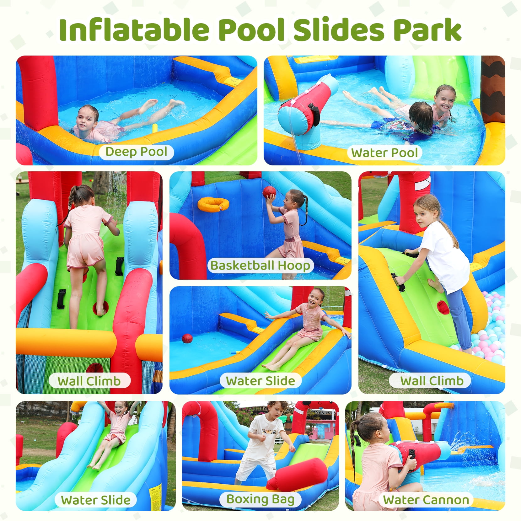Neche Inflatable Water Slide Bouncy House with Blower, 222 x 135 x 82 inches, 11-in-1 Extra Long Water Slide with Splash Pool for Kids Backyard Outdoor