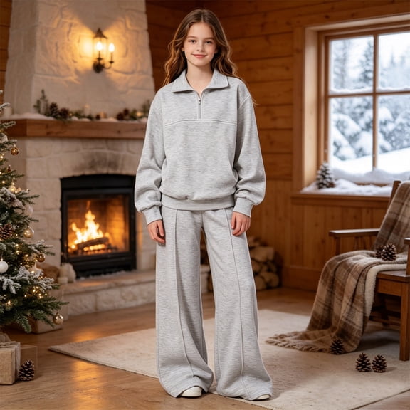Angala 2 Piece Outfits For Girls Hooded Long Sleeve Half Zip Fleece Sweatshirt With High Waist Wide Leg Pants Set Girls Fall Season Wear Clothes