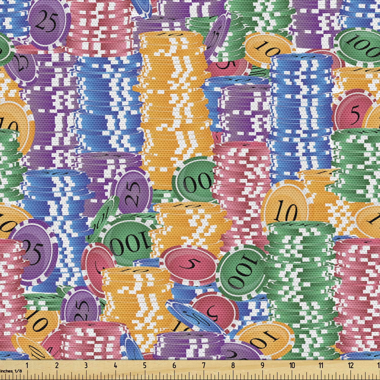 Casino Fabric by the Yard, Stacks of Colored Casino Chips Betting Luck