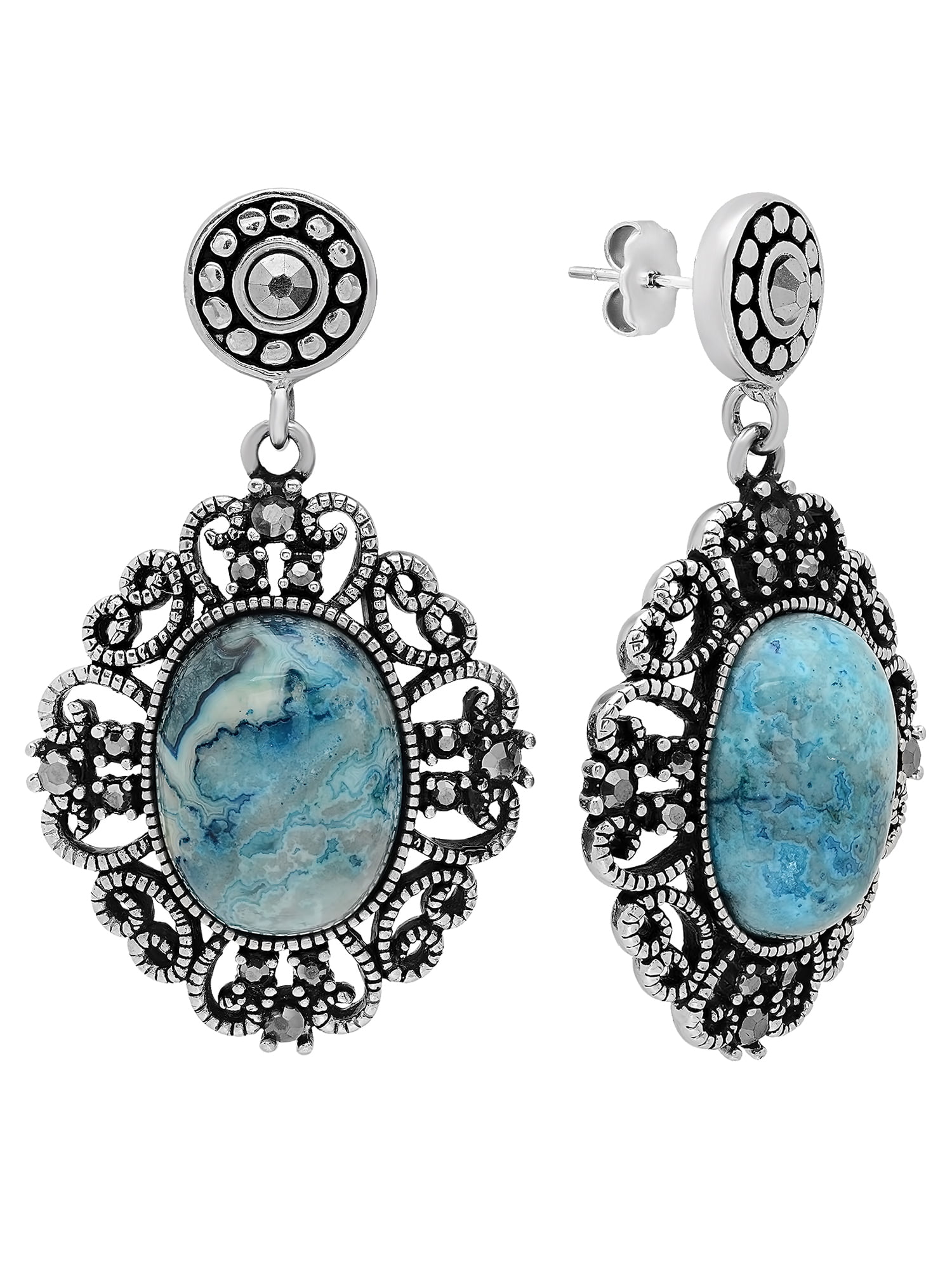 Womens Stainless Steel Eggshell Blue Stone Ornate Drop Earrings