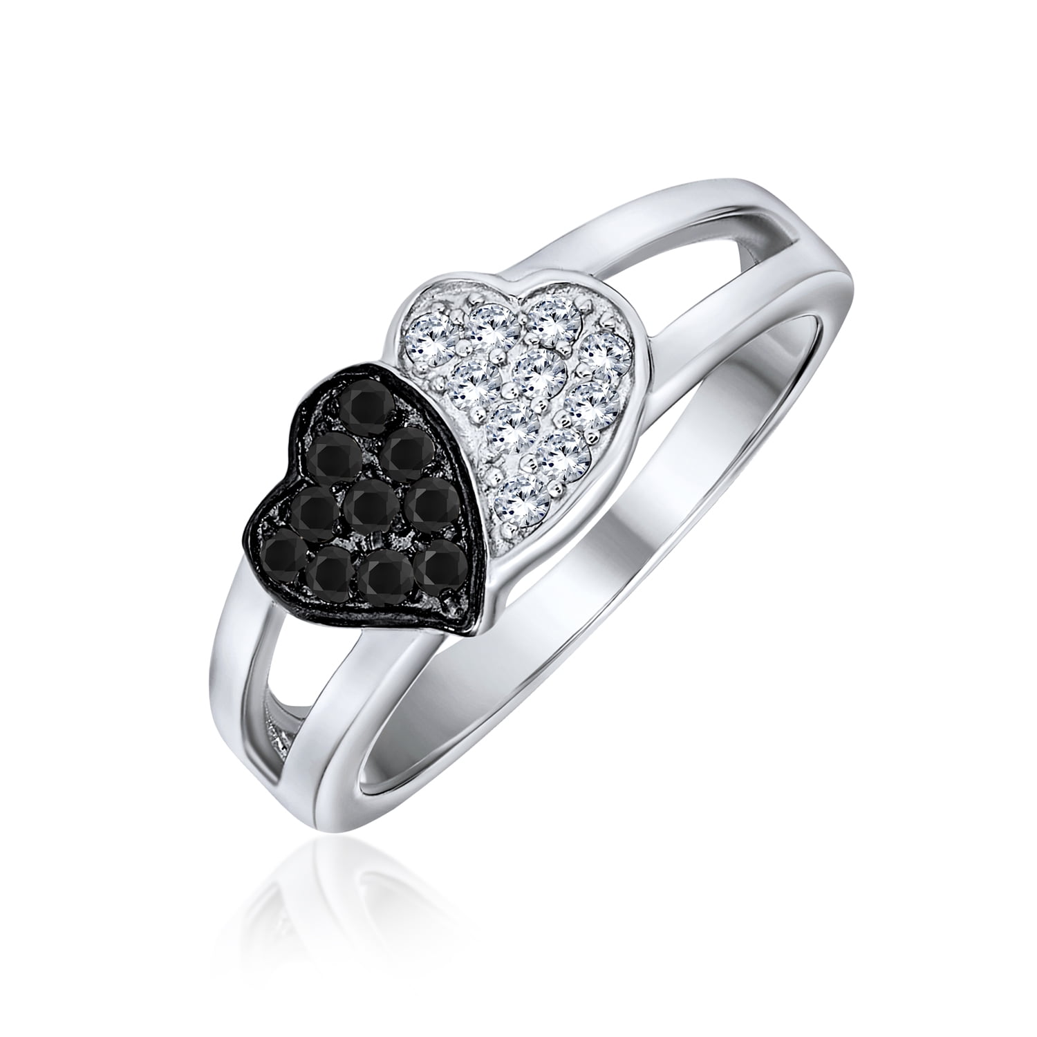 Black And White Two Tone Pave CZ 2 Double Heart Shape Promise Ring For Teen For Girlfriend 925