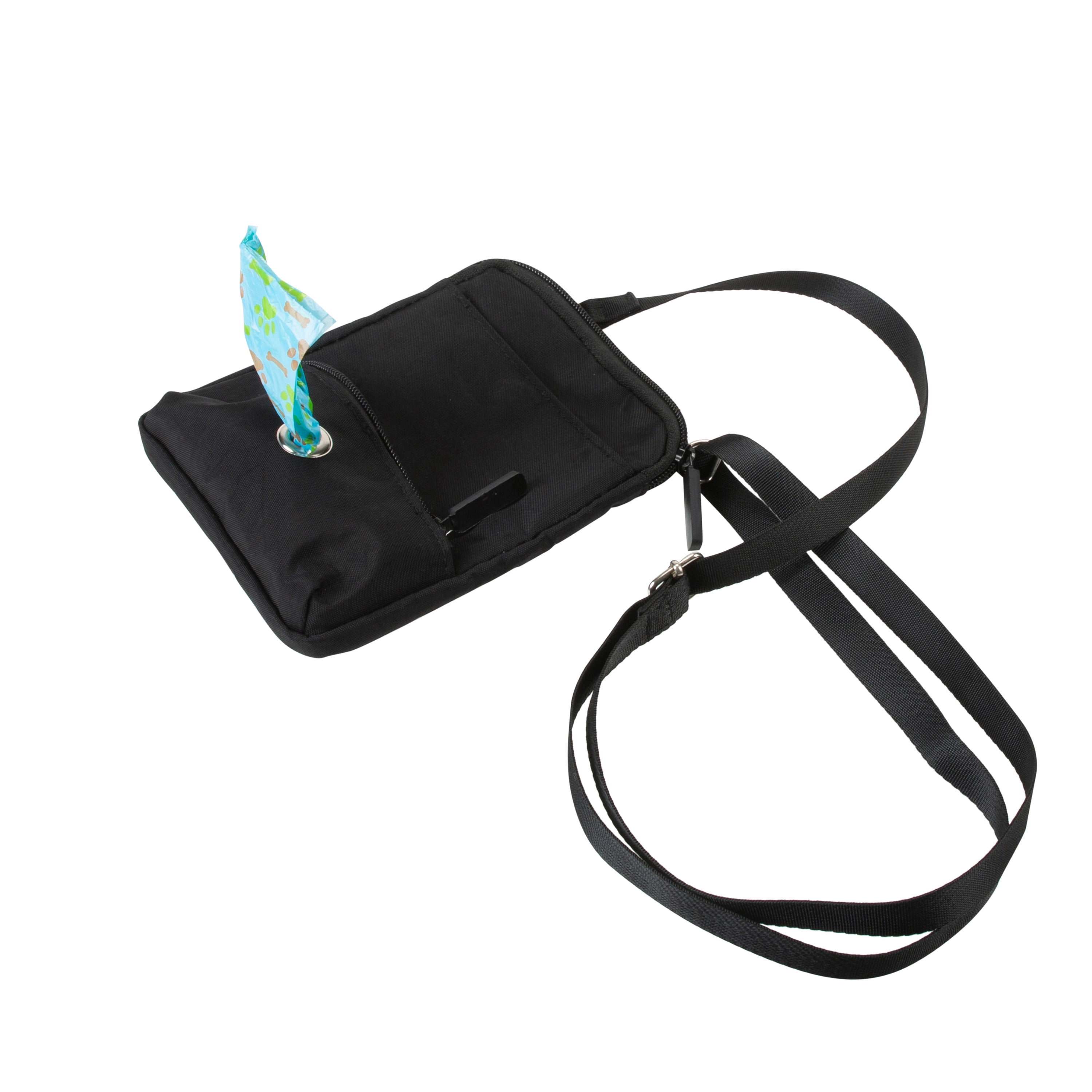 Pounce + Fetch Travel Cross Body Bag with Pet Waste Bag Dispenser, Black