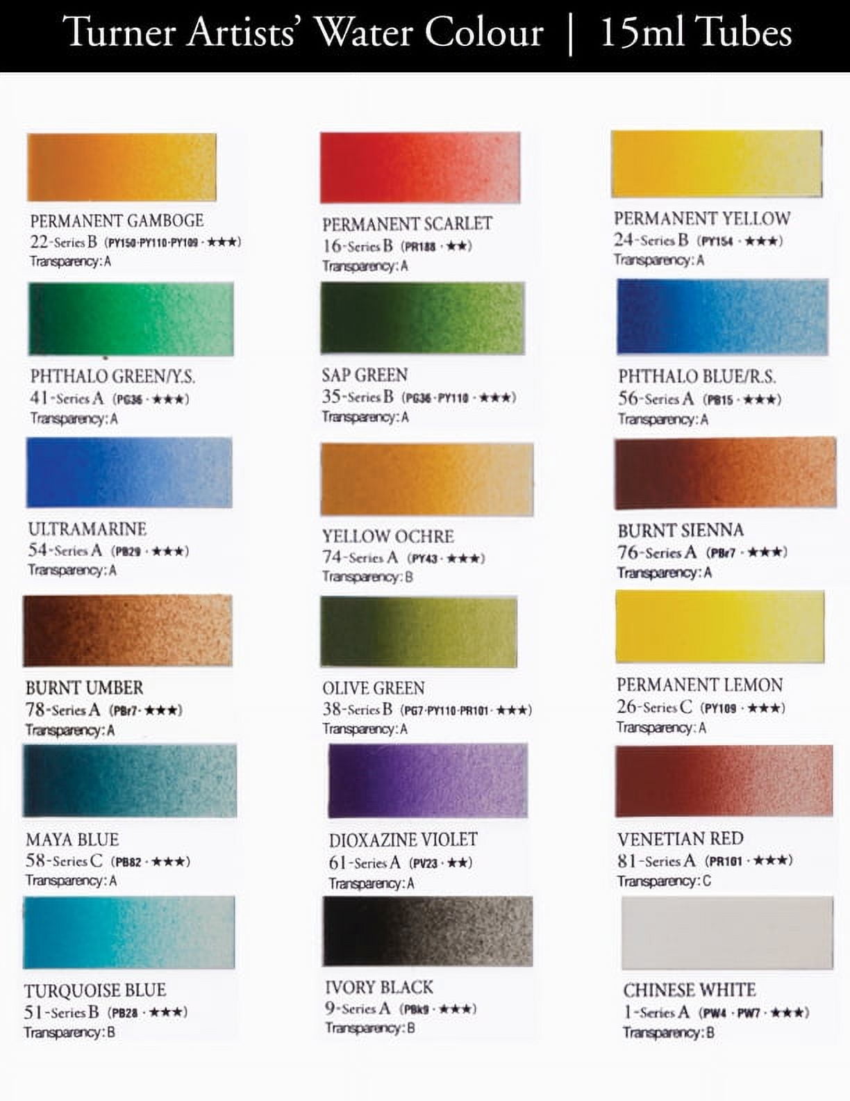 Turner Paint Set Professional Artists' High Pigment Concentrated Watercolor Paint Set [Set Of 18] 15ml Tubes - Assorted Colors