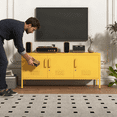 thumbnail image 3 of 3 Door Lockable Metal TV Stand Storage Cabinet with Accent Cabinet Locker, Wide Heavy Duty Media Console for Large 100+ Inch TVs, Home Office Entertainment Center, Yellow 22"H X 47.3"W X 13.8"D, 3 of 10