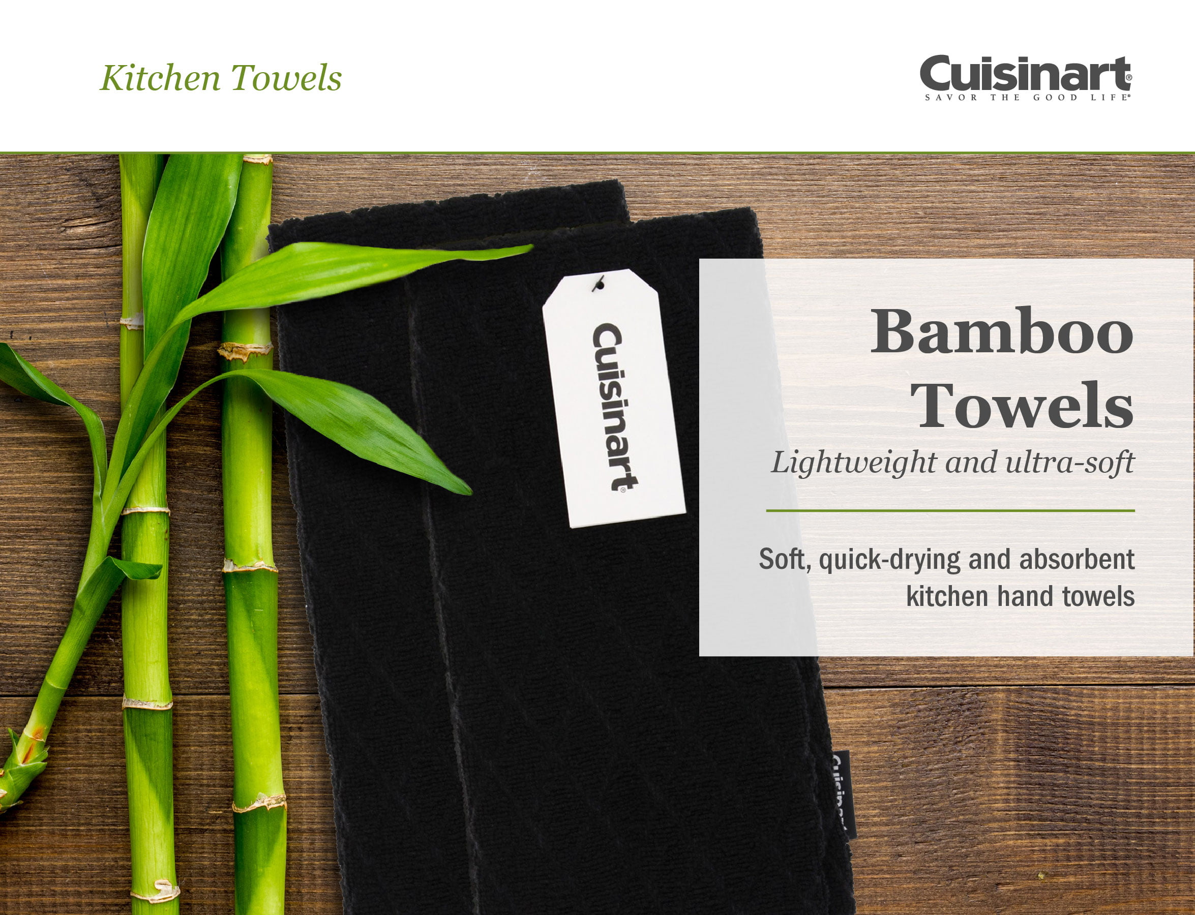 Cuisinart Bamboo Dish Towel Set-Kitchen and Hand Towels for Drying Dishes / Hands 2 Pack Bark-Effect Design Absorbent Drizzle Grey Soft and Anti-Microbial-Premium Bamboo / Cotton Blend 16 x 26