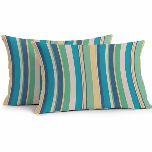 Vintage Stripes Outdoor Pillow Covers Set of 2 Green Yellow Blue Striped Retro Lines Waterproof Throw Pillow Case Decorative Square Cushion Cover for Patio Couch Garden Balcony, 20"x12"