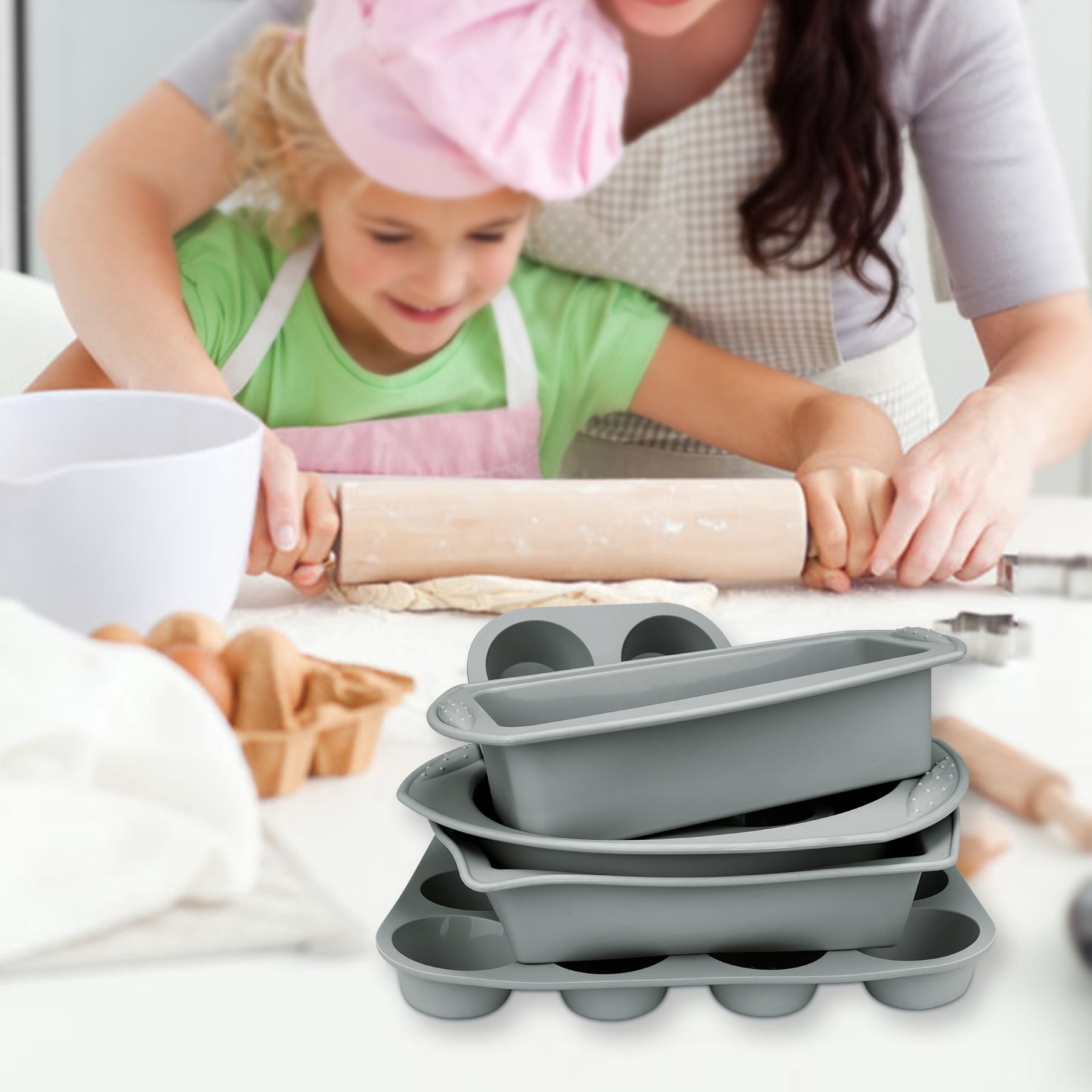 Aschef 7-Piece Non-Stick Silicone Baking Tray Set, Muffin, Loaf, Bread, Pizza, and Cake Pan-Gray