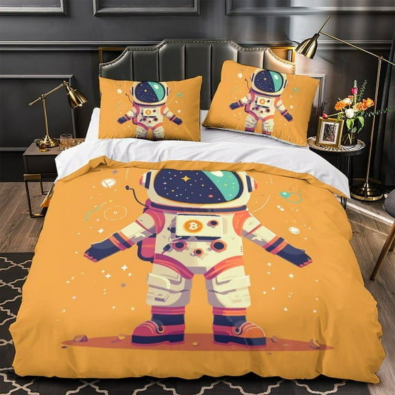 YJHDM Space Theme Bedding Set 3D Yellow Astronaut Duvet Cover Pillowcase 2/3pcs Twin/Full Bed Cover