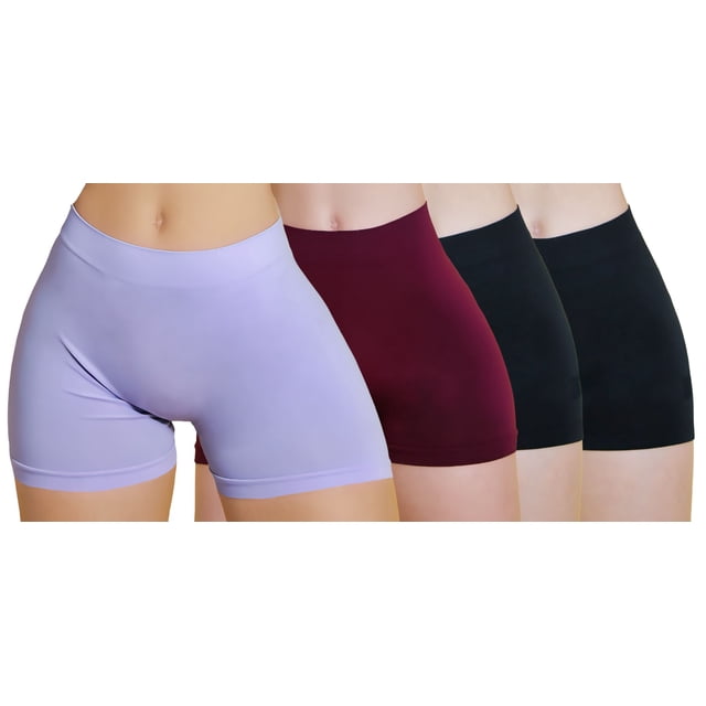 pack 4 shorts corto interior mujer bóxer dama microfibra chore Pack de 4 bóxer cortos en microfibra, vista frontal centrada de cuatro prendas alineadas; silueta ajustada con pretina ancha y pierna corta. Colores lila, vino y dos negros; tejido liso de secado rápido y costuras planas visibles. Fondo blanco neutro; adecuados para usar como short interior bajo faldas o ropa ligera y para playa o entrenamiento.
