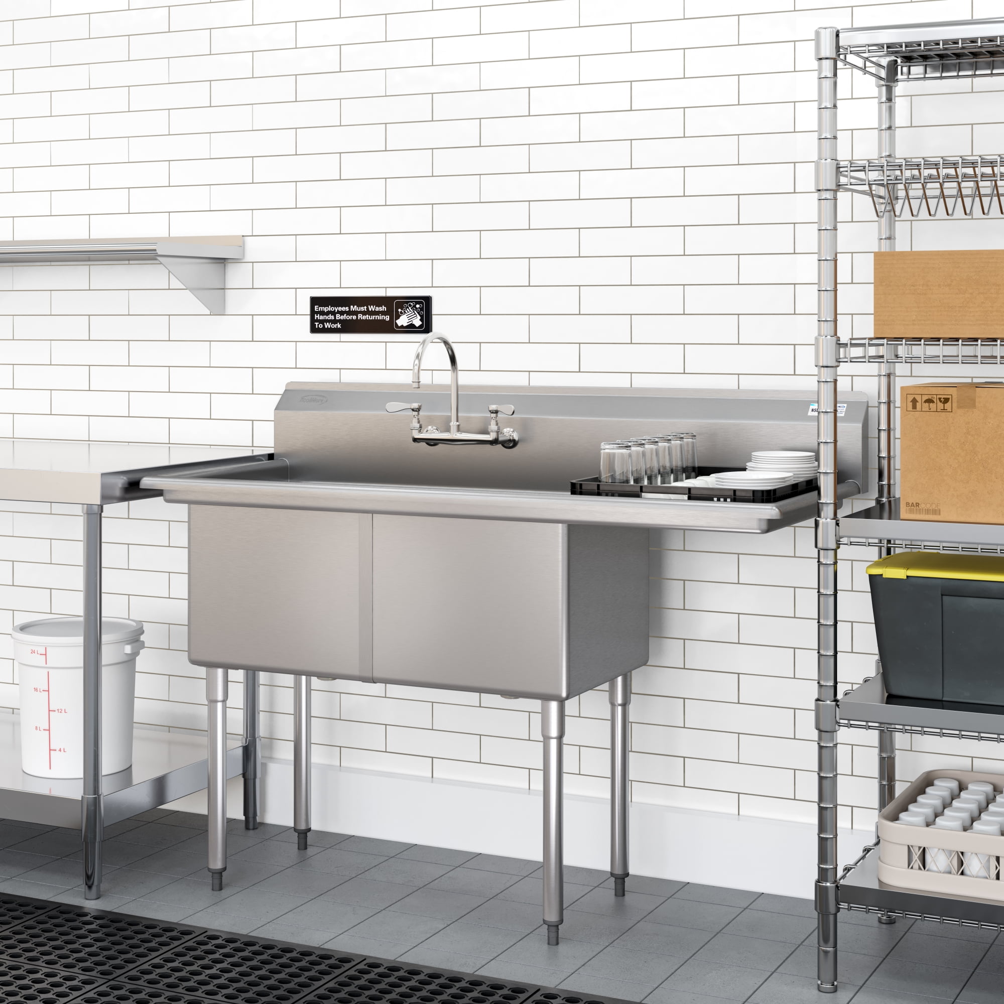 57 in. 18-Gauge 2-Compartment Commercial Sink with Backsplash and 18 in. Right Drainboard, Bowl Dimensions 18"x18"x14" in Stainless-Steel (KM-SB181814-18R3)