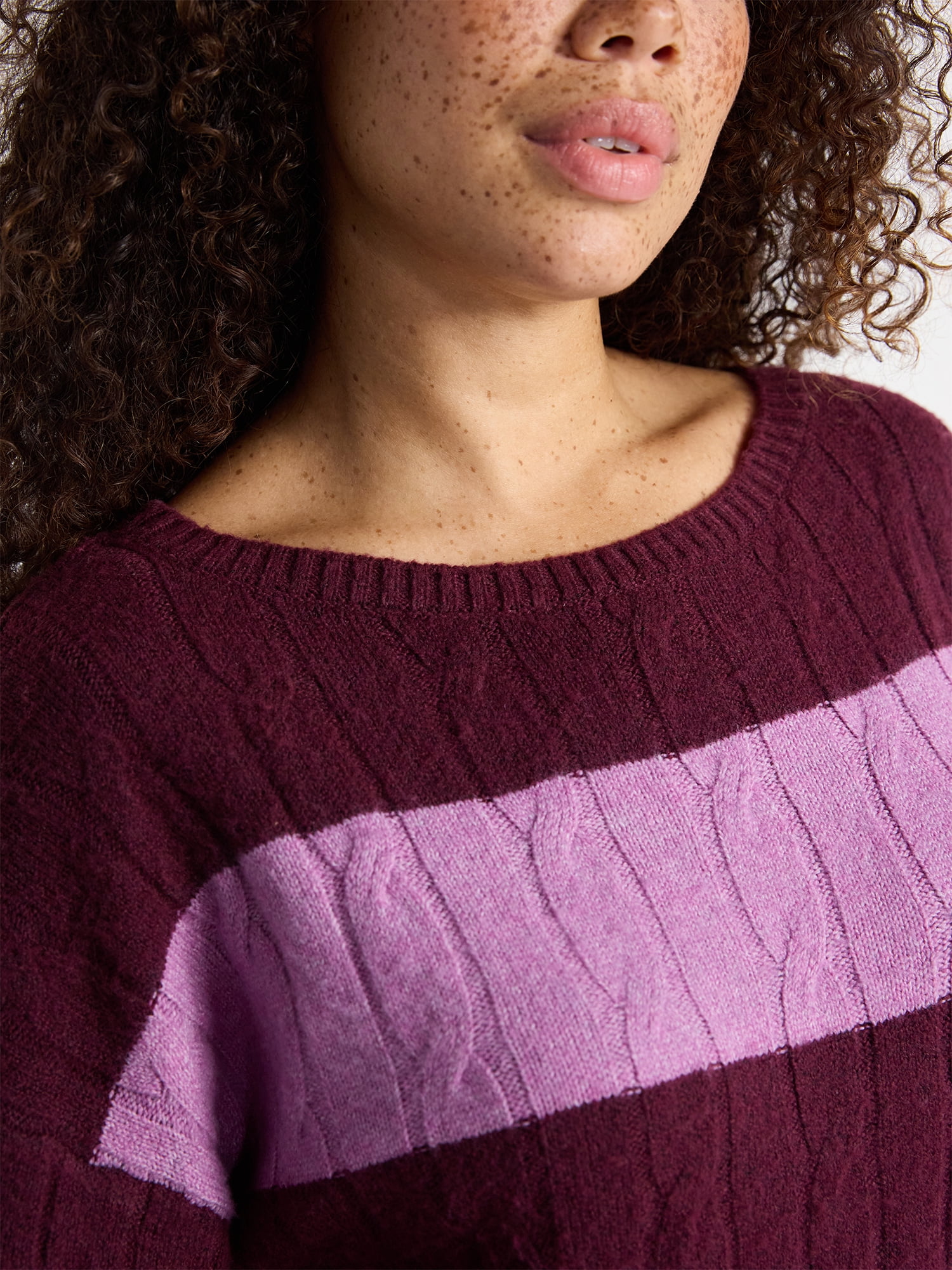 No Boundaries Boatneck Pullover Cable Knit Sweater, Lightweight, Women's