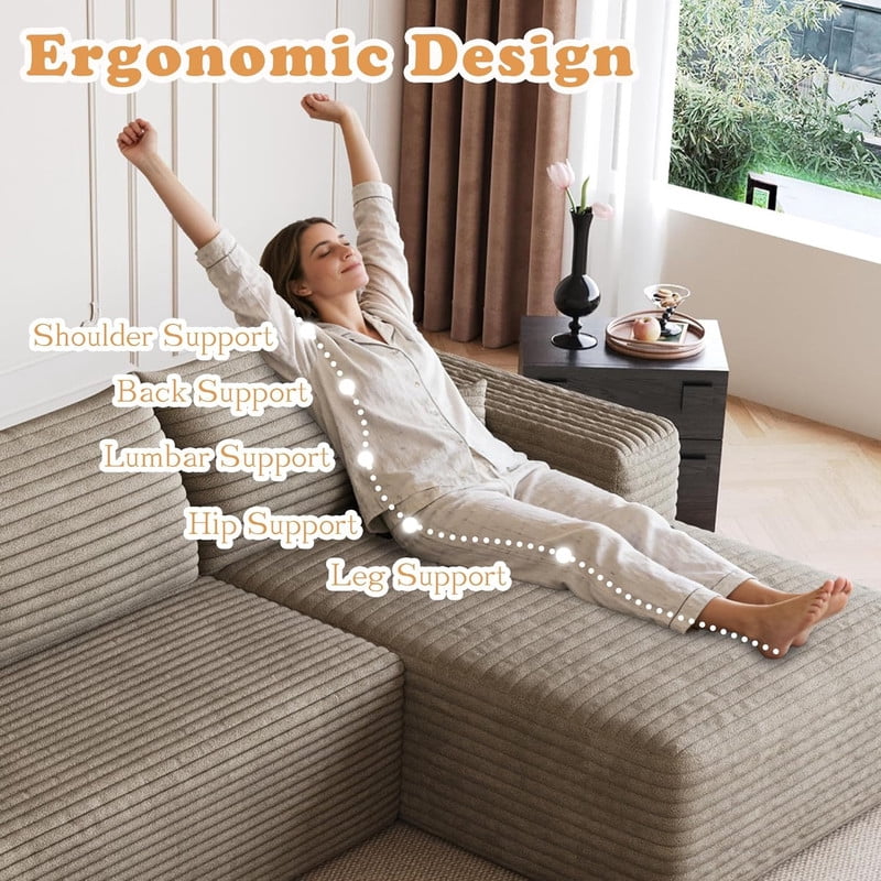94'' Cloud Sectional Sofa with 2 Ottomans, Modular Upholstered Sofa Couch with Deep Seat, Plush Corduroy Fabric U Shaped Sofa for Living Room, Right Facing Chaise