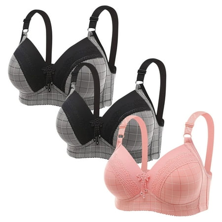 Clearance TOUMENY Padded Bras for Women Nude Bra 3PC Women Plus Size Lace Stitching Plaid Printing Non-Steel Ring Non-Magnetic Buckle Underwear Bra