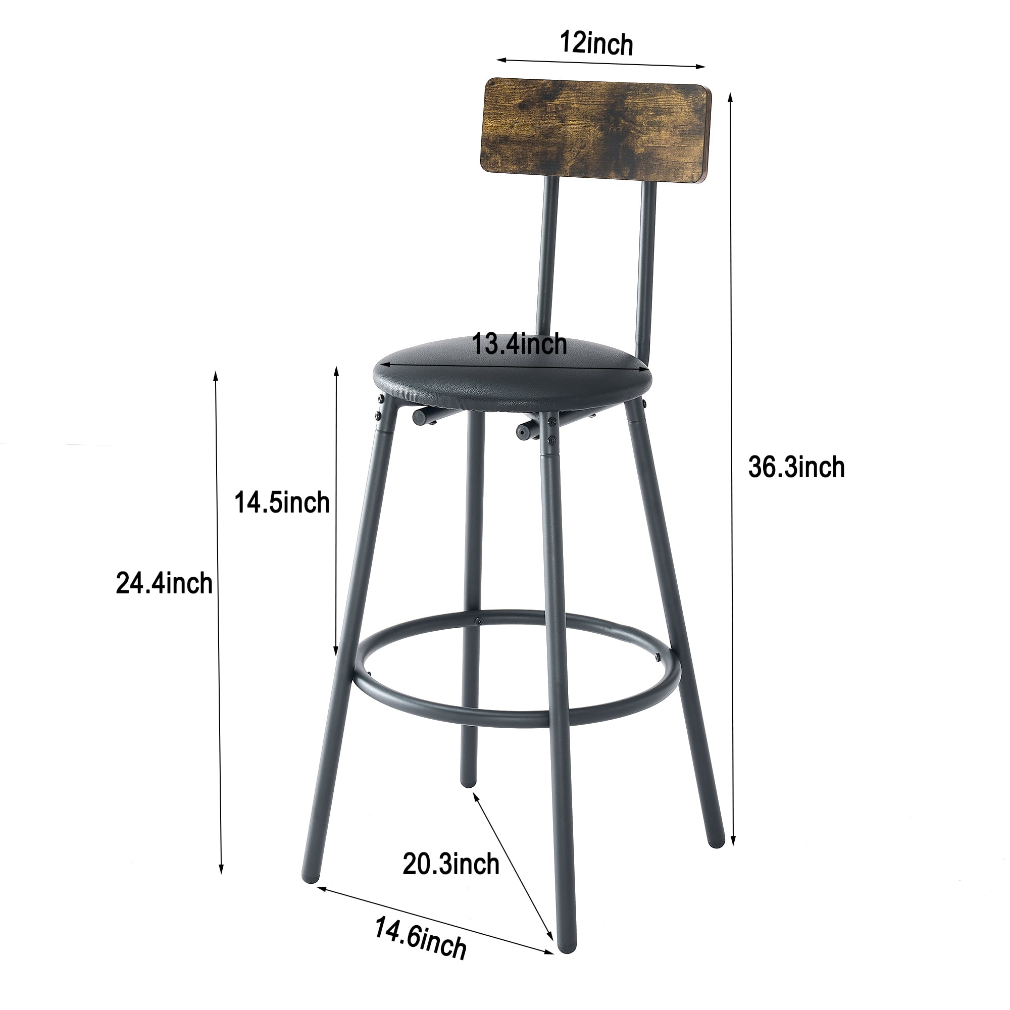 HOQBN 3-Piece Bar Table Set,Round Counter Height Table and PU Upholstered Stools with Backrest, Industrial Counter Height Dining Table and Chairs for Kitchen Breakfast,Brown