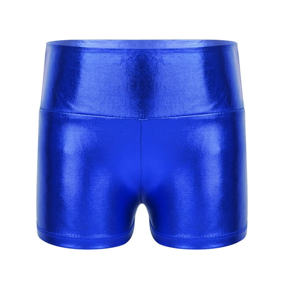 Raenseen Kids Girls Casual High Waist Shiny Metallic Sports Shorts Gymnastic Workout Activewear Royal Blue 6