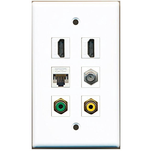 RiteAV - 2 HDMI 1 Port RCA Yellow 1 Port RCA Green 1 Port Coax Cable TV- F-Type 1 Port Cat5e Ethernet White Wall Plate