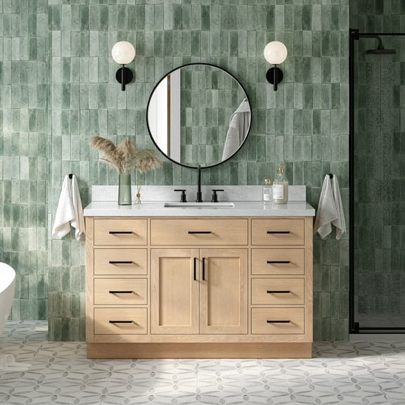 Ariel Hepburn 55 Inch Single Rectangle Sink Bathroom Vanity With Italian Carrara Marble Countertop 1.5 Inch Edge In Oak