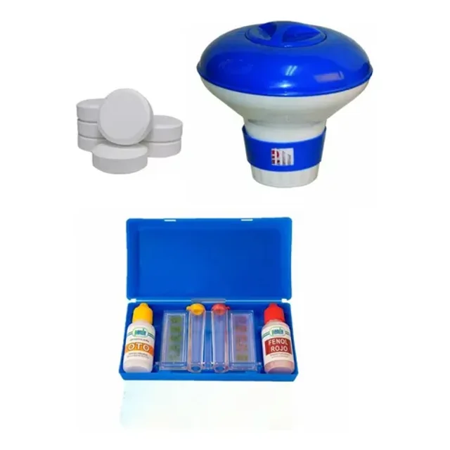 Kit para Alberca, Clorador Flotante de 9 Pulg, 1 kg de Cloro Tableta y Kit Analizador