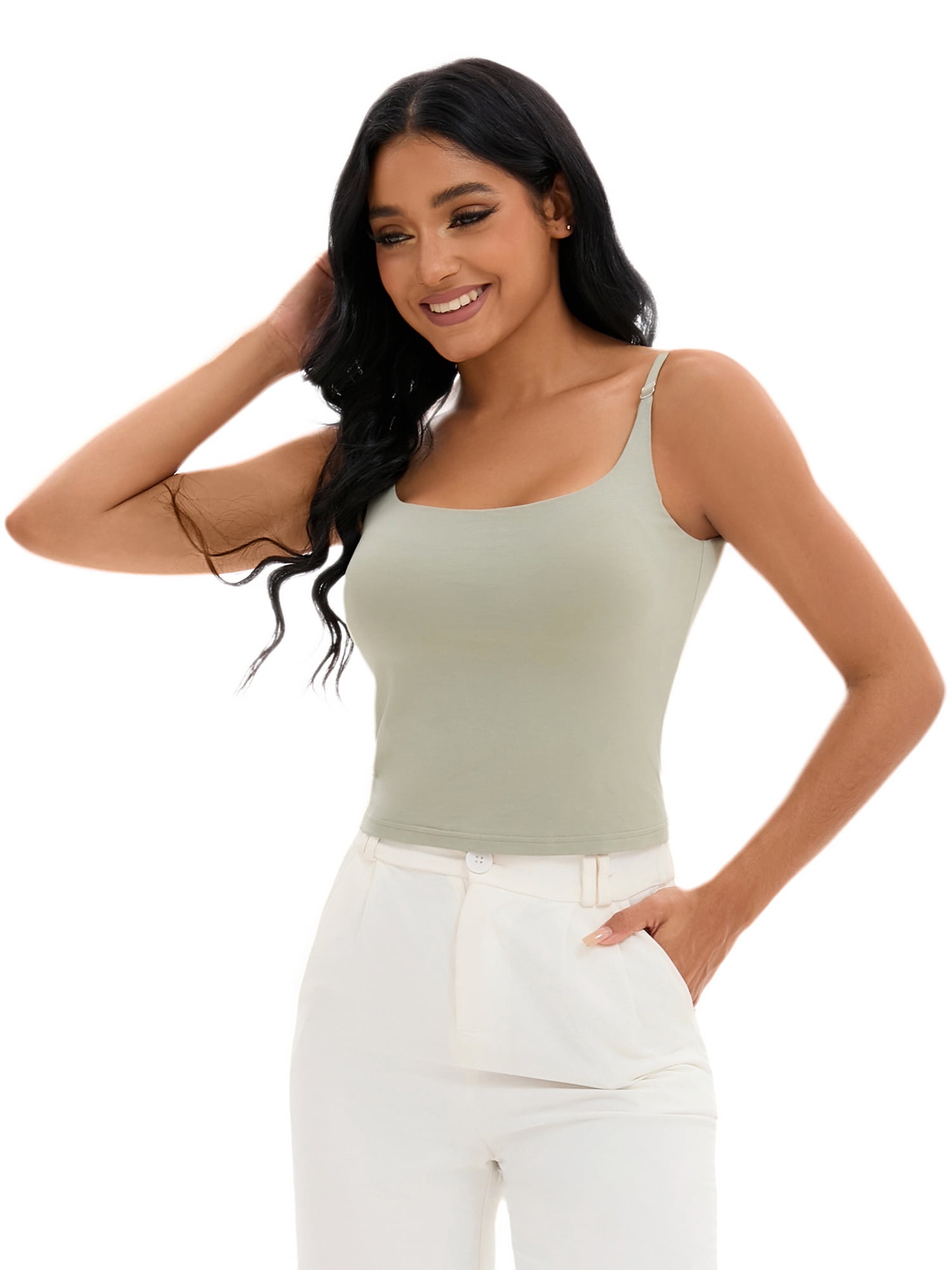 DARING DIVA Women's Shelf Bra Tank Adjustable Spaghetti Strap Camisole S Green