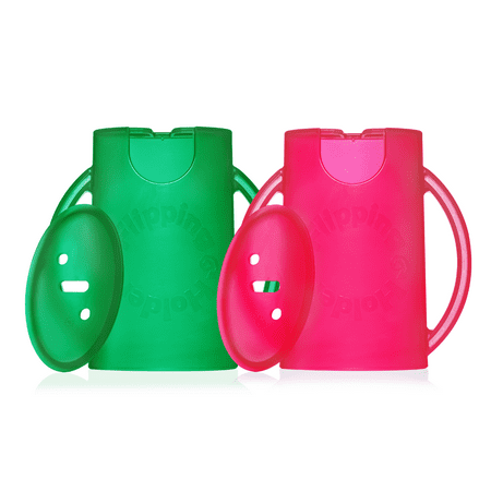 Squeeze Proof Flipping Holder DELUXE with lid 2-Pack for Food Pouches & Juice Boxes (Green & Pink) - Multipurpose Design with Cover - Prevent Messes & Support Self-Feeding - Handles