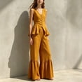 thumbnail image 6 of Womens Casual Two Piece Outfit V Neck Sleeveless Button Peplum Top High Waist Ruffle Hem Wide Leg Pants Solid Color Elegant Set Yellow XL(XL), 6 of 7