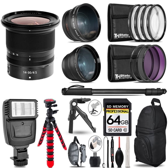 Nikon NIKKOR Z 14-30mm f/4 S Lens-3 Lens Kit   Slave Flash   Tripod - 64GB Accessory Bundle (International Version)