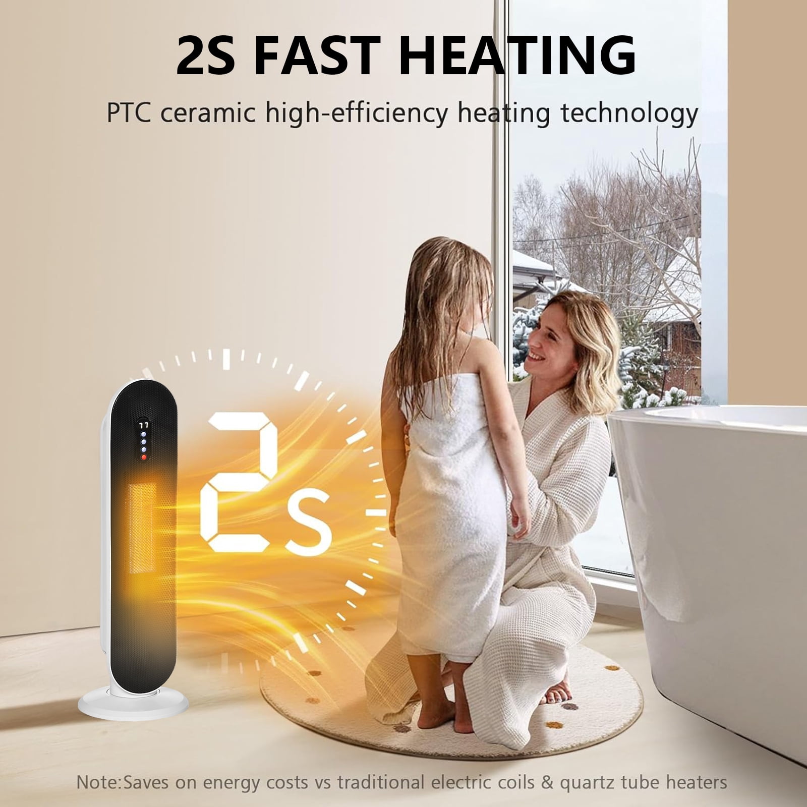 Vebreda Space Heaters for Inside, Portable Electric Heater for Home with Thermostat, 1-12H Timer, Safety Protection, White