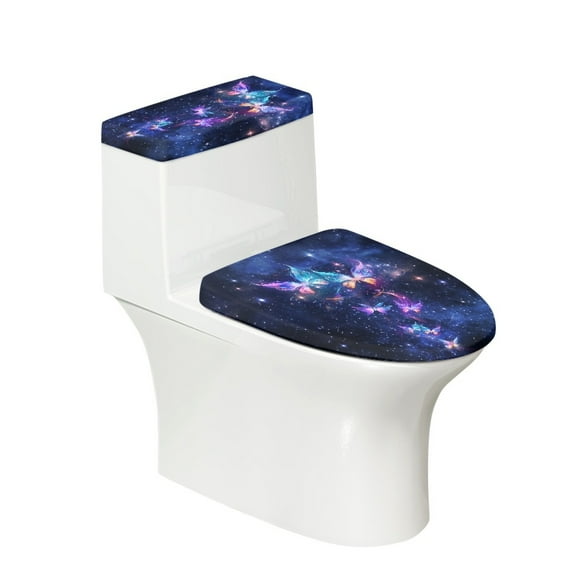ZIATUBLE Butterfly Toilet Lid Covers Set Galaxy Toilet Lid and 2 Piece Tank Cover Sets for Bathroom Elongated Toilet Lid Covers Machine Washable Toilet Mat Protective Cover
