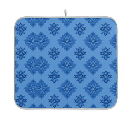 

Blue Floral Motif Dish Drying Mat Kitchen Mats Microfiber Counter Absorbent Dish Pad Drainer Rack