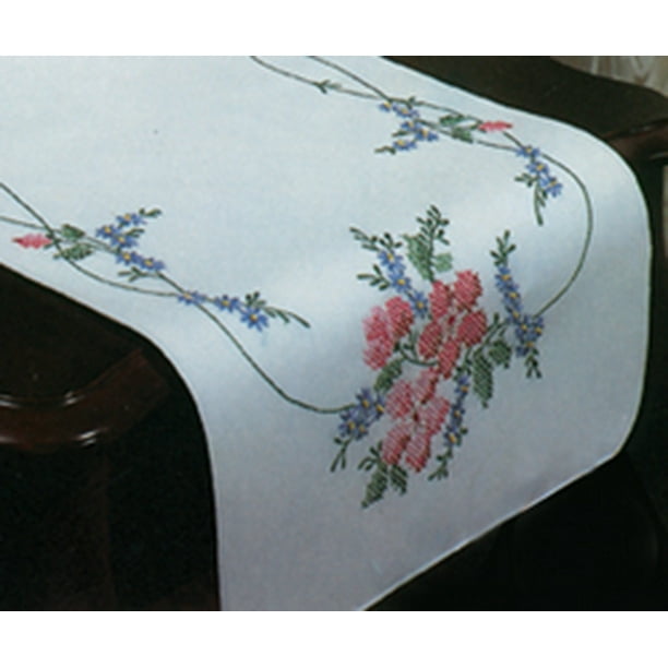 Tobin Stamped White Dresser Scarf For Embroidery 14"X39"Wild Rose