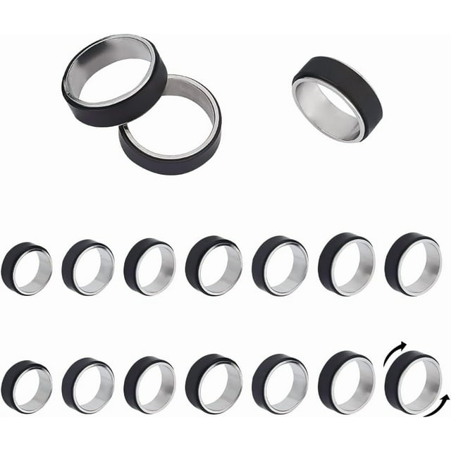 14pcs 7 Sizes Black Stainless Steel Spinner Ring Rotatable Fidge Spinner Rings Laser Inscription Plain Blank Finger Ring Stress Anxiety Relief Rotating Ring Finger Band Rings