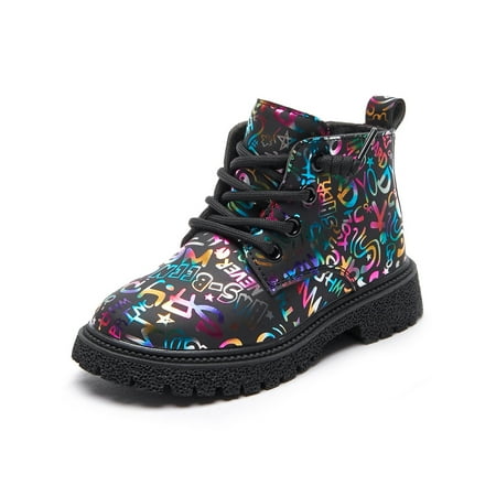 

Ritualay Kids Casual Lace Up Combat Boot Outdoor Fashion Mid Top Booties Walking Non-Slip Short Bootie Black 8C