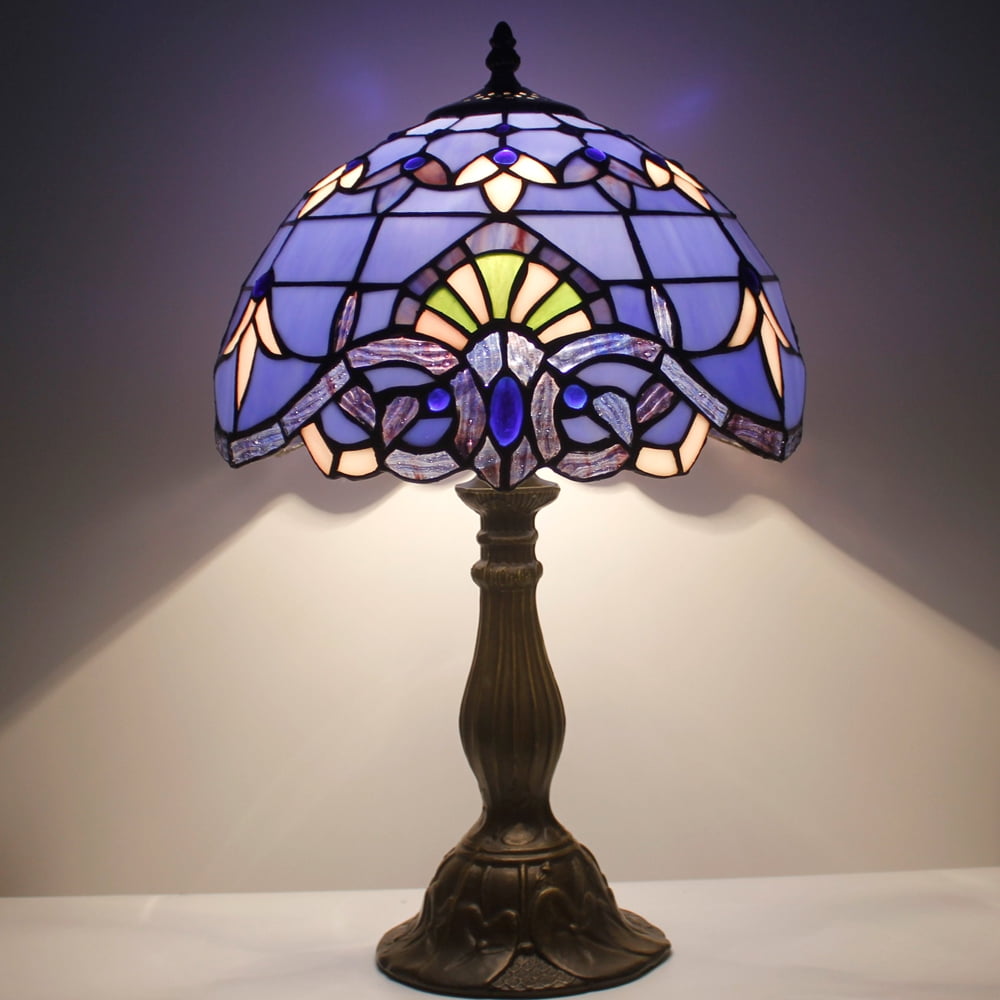 Tiffany Lamp Stained Glass Table Bedside Lamp Blue Purple Baroque Style Lavender Antique Reading Desk Light 18" Tall Living Room Bedroom Coffee Bar Library Memory Sympathy WERFACTORY LED Bulb Included