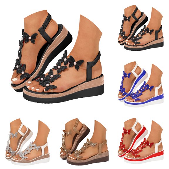 Rokment Women's Sparkly Butterfly Platform Wedge Dress Sandals Delicated Glitter Pearl Open Toe Elastic Ankle Strap Chunky High Heels Dressy Summer Shoes for Bride Wedding Beach Black Size 6