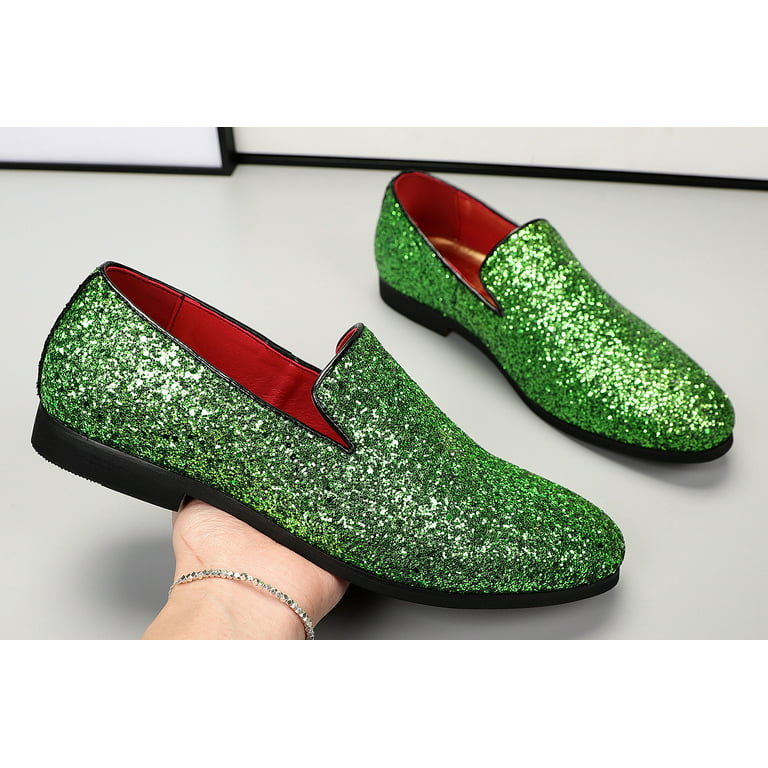 Santimon Men Dress Shoes Glitter Loafers Slip On Casual Wedding Party Formal  Shoes Green 7.5 US 